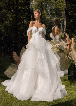 Off Shoulder Ivory Lace Tulle Ruffled Wedding Dress With Horsehair Trim